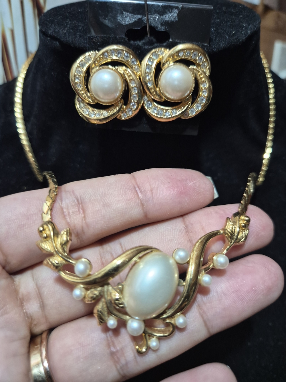 Trifari Gold-Tone Pearl Swirl Necklace and Clip Earrings